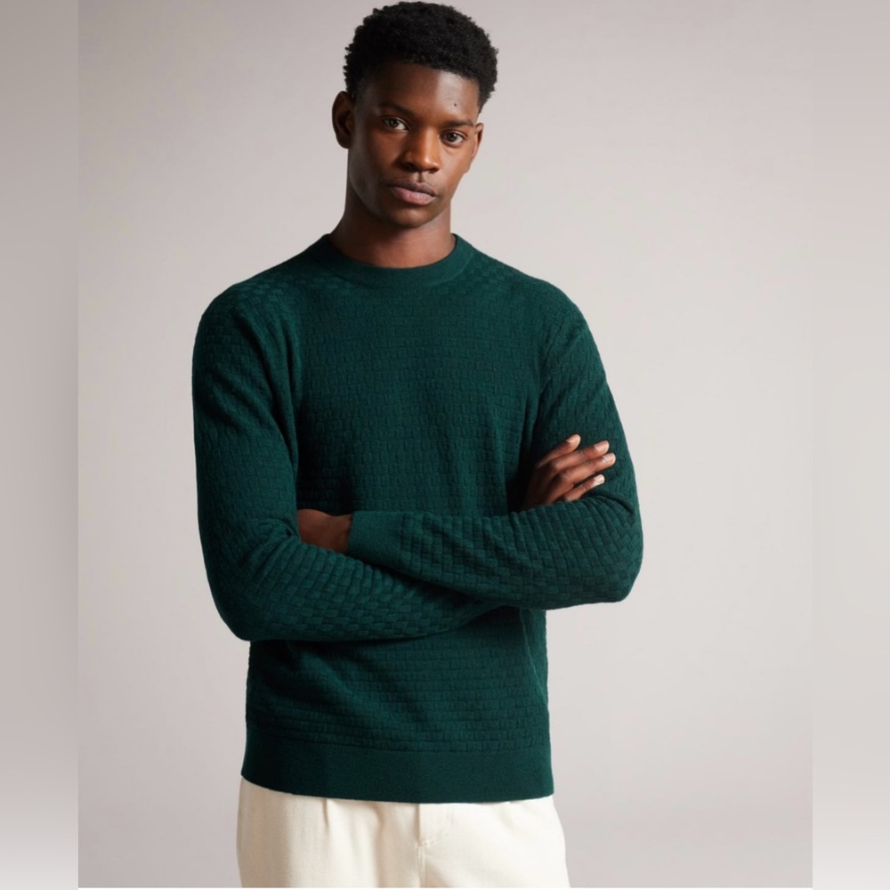 Ted Baker Lentic Green Textured Basket Weave Woven
Crewneck Sweater NWT